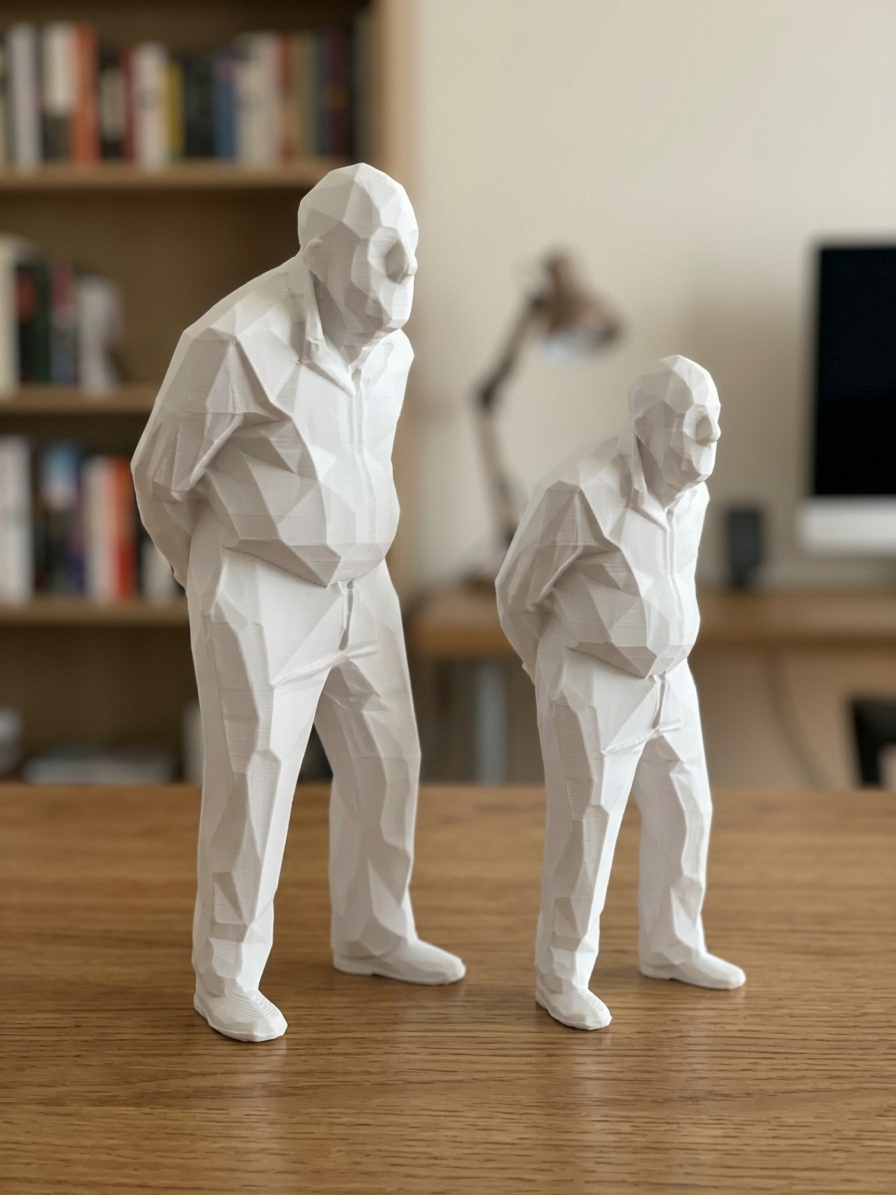 Due statuine Umarell bianche su una scrivania