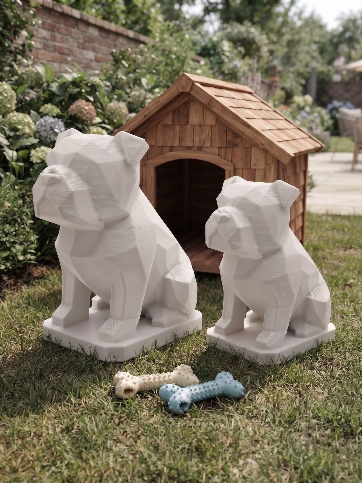 Dettaglio della finitura low-poly della statuina bulldog stampata in 3D in PLA