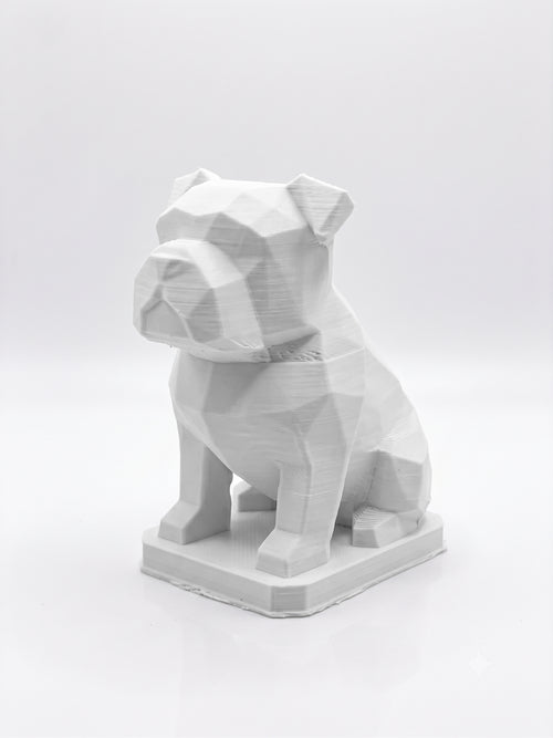 Statuina bulldog bianco in stampa 3D PLA, totem animale low-poly da collezione