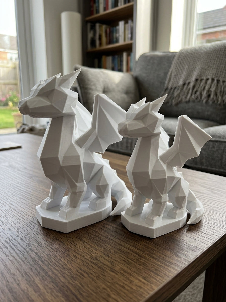 Statuina drago in stampa 3D come soprammobile da scrivania, design low-poly
