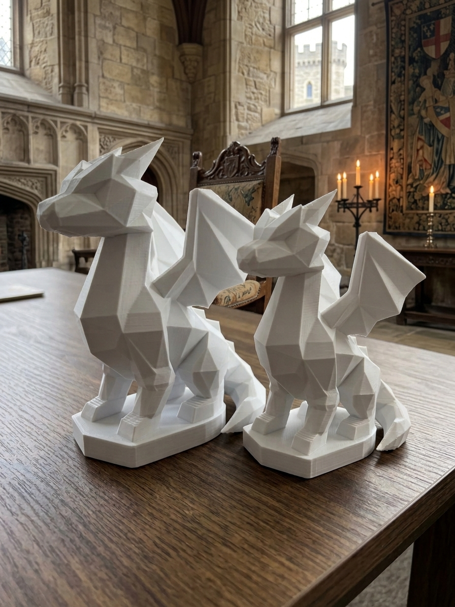 Dettaglio della finitura low-poly della statuina drago stampata in 3D in PLA