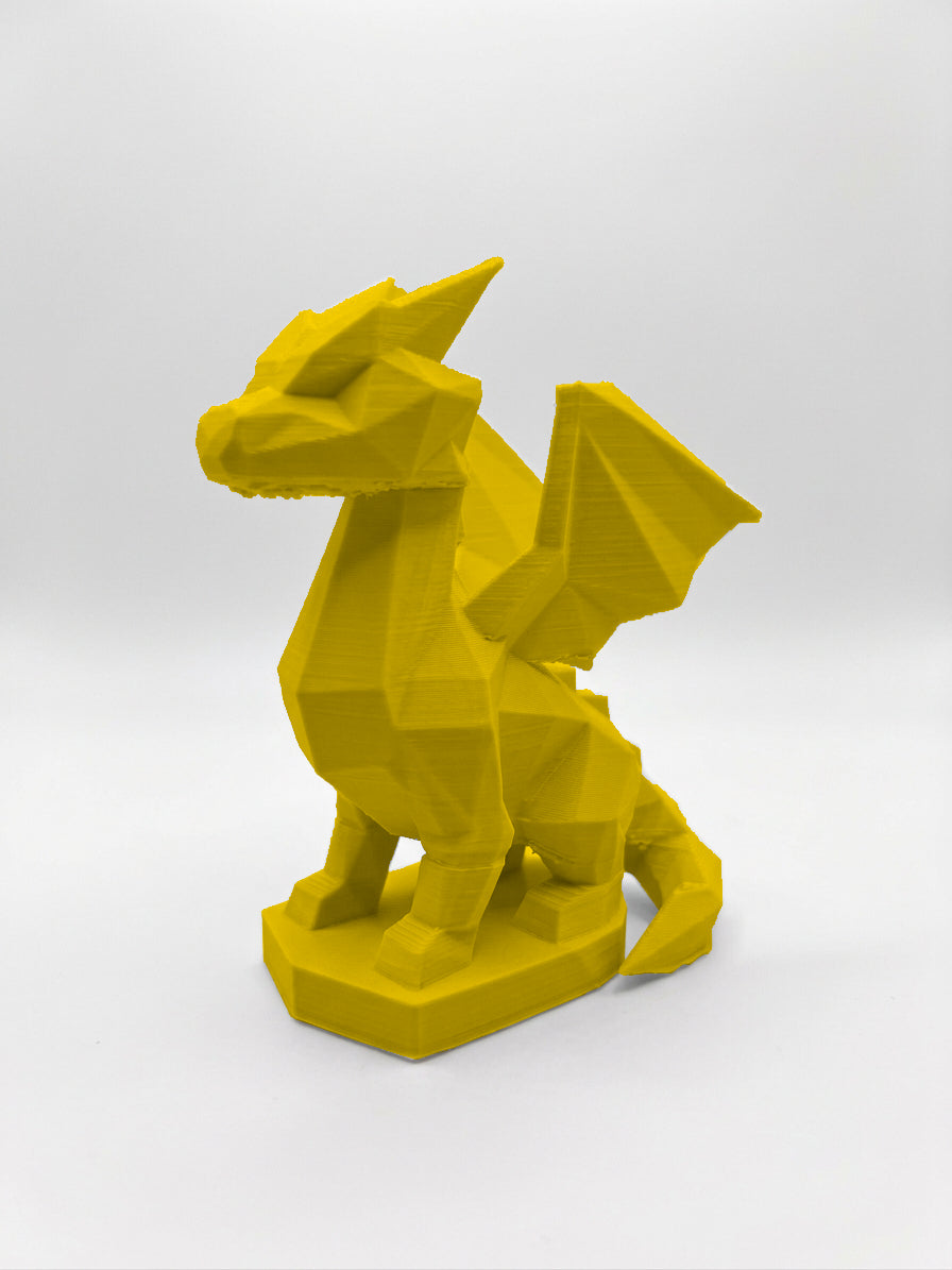 Statuina drago giallo in stampa 3D PLA, totem animale low-poly da collezione