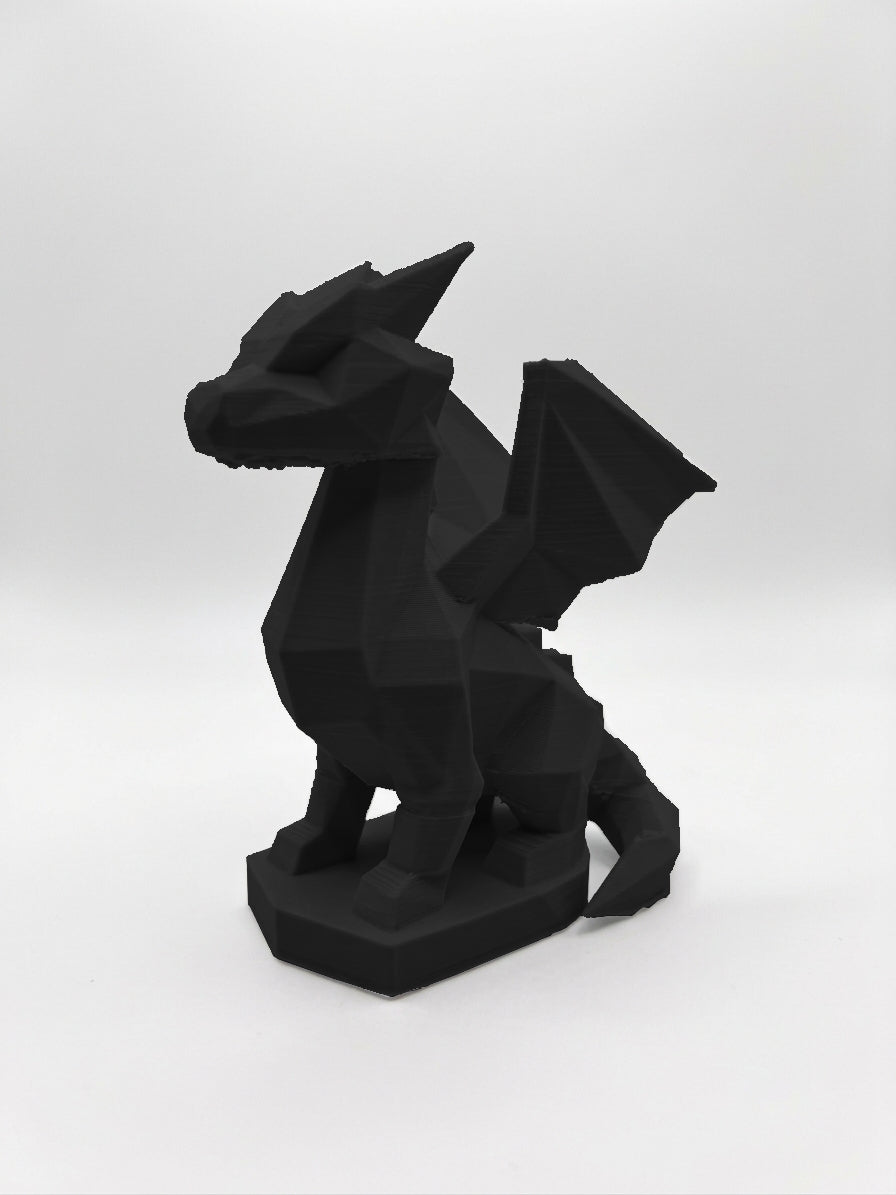 Statuina drago nero in stampa 3D PLA, totem animale low-poly da collezione