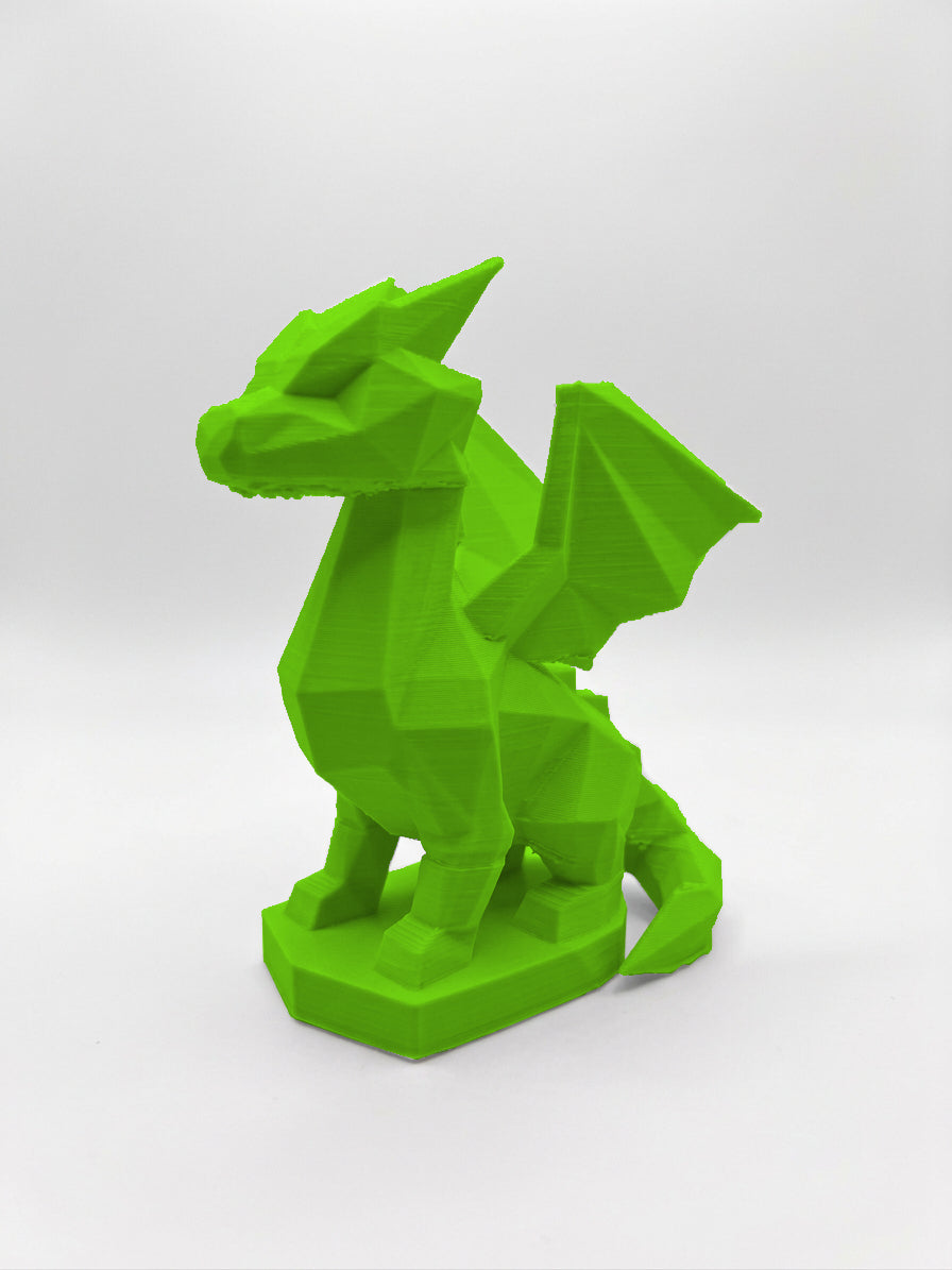 Statuina drago verde in stampa 3D PLA, totem animale low-poly da collezione