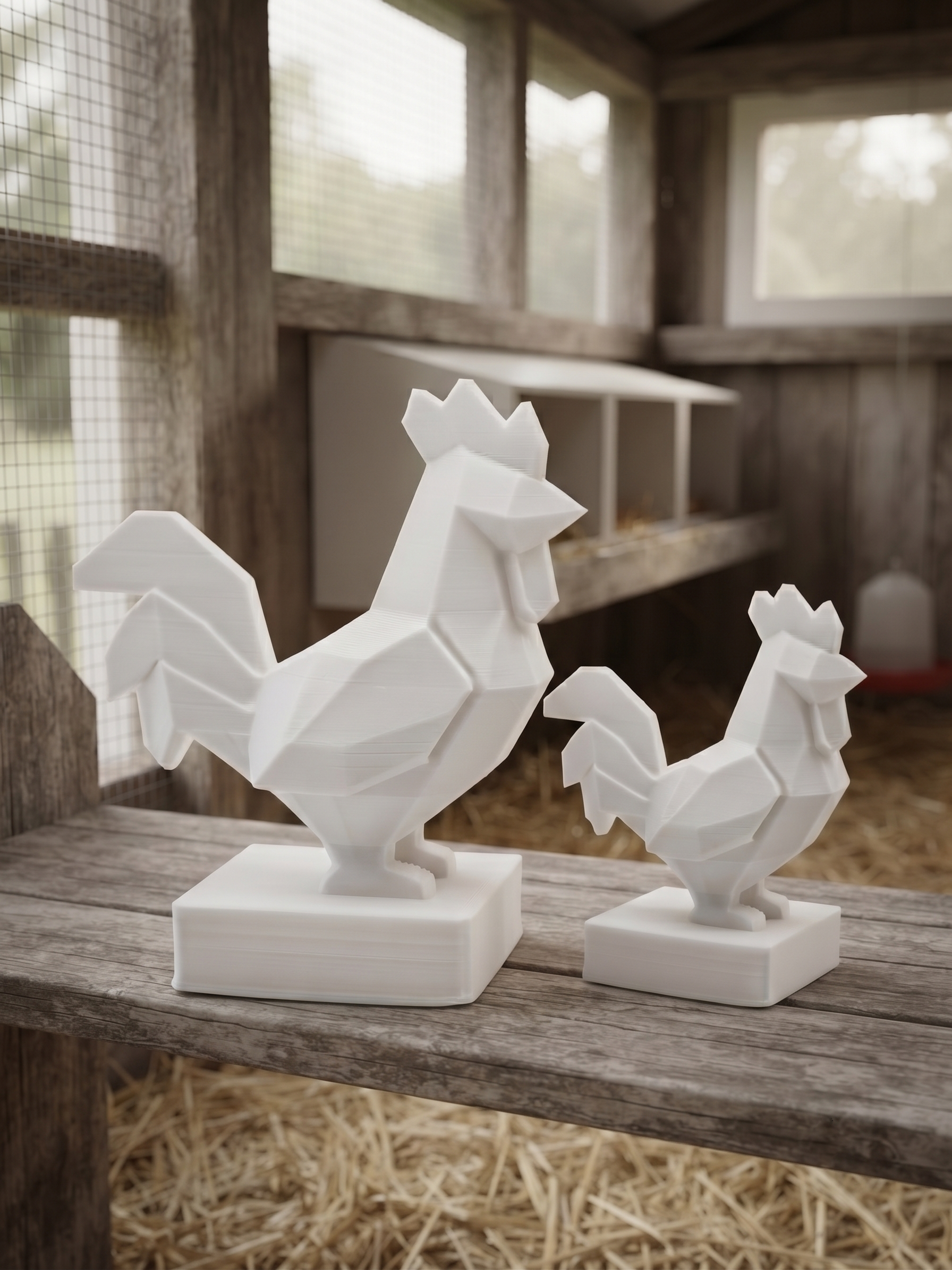 Statuina gallo in stampa 3D come soprammobile da scrivania, design low-poly