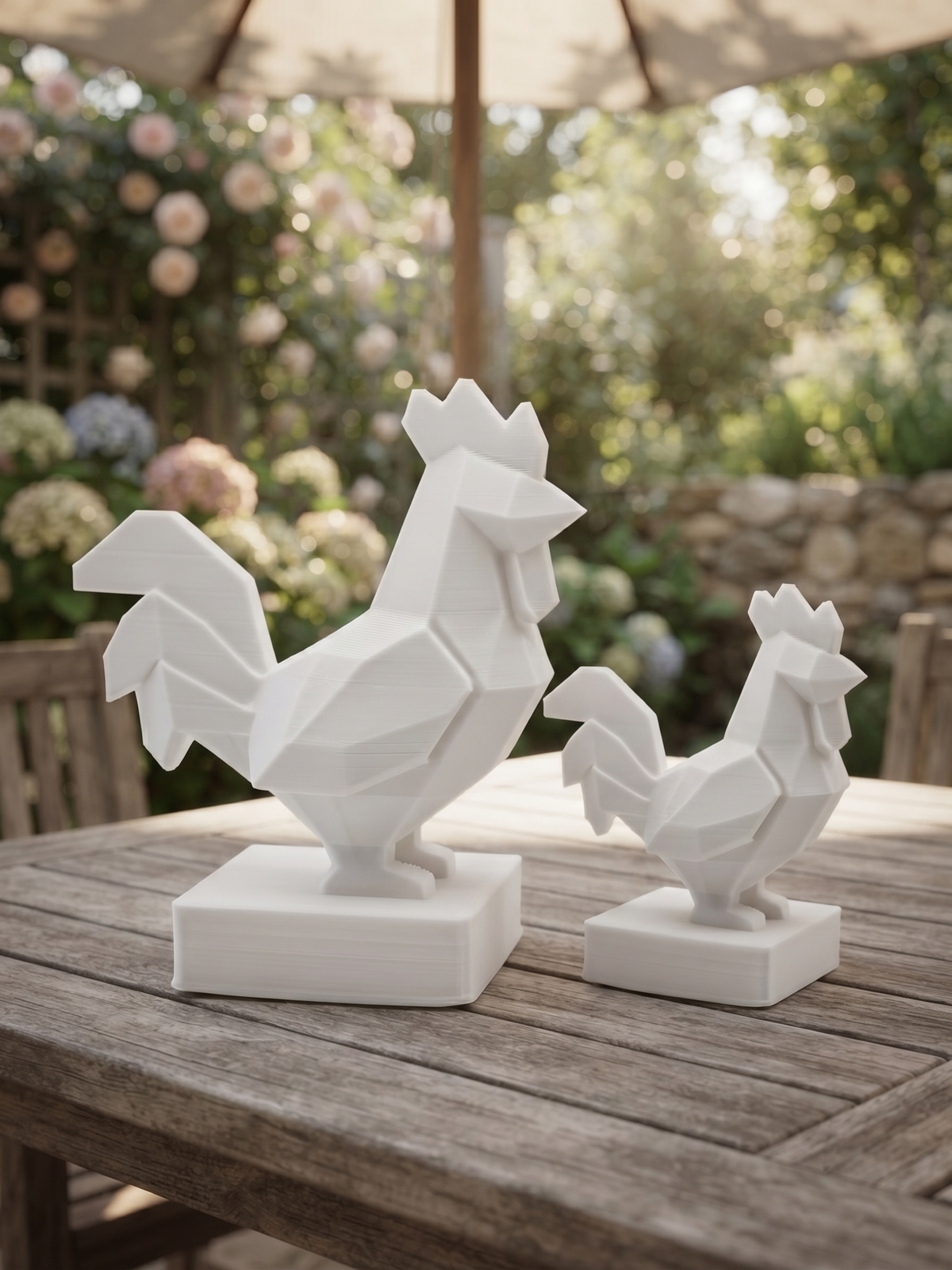 Dettaglio della finitura low-poly della statuina gallo stampata in 3D in PLA