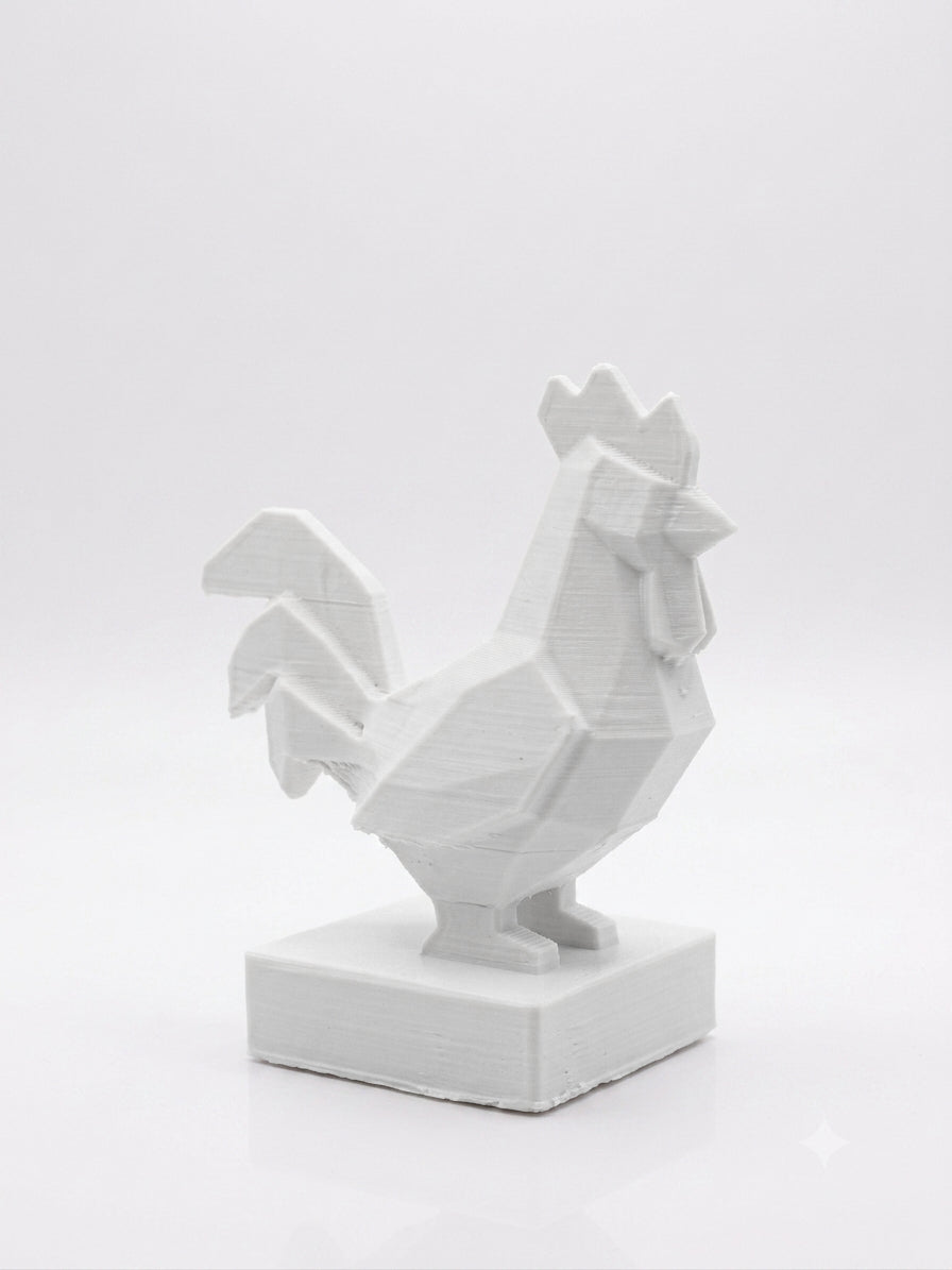 Statuina gallo bianco in stampa 3D PLA, totem animale low-poly da collezione