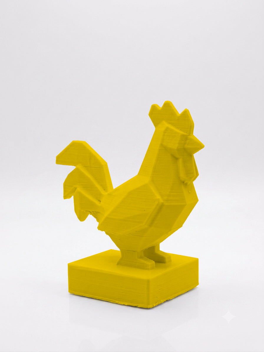 Statuina gallo giallo in stampa 3D PLA, totem animale low-poly da collezione