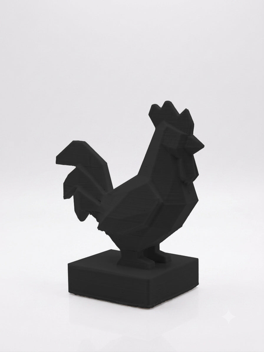 Statuina gallo nero in stampa 3D PLA, totem animale low-poly da collezione