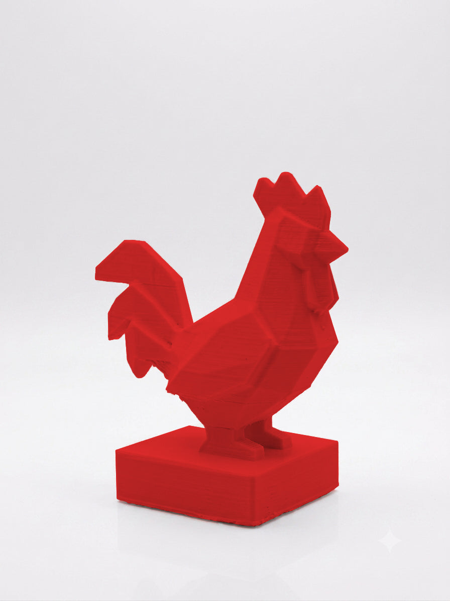 Statuina gallo rosso in stampa 3D PLA, totem animale low-poly da collezione