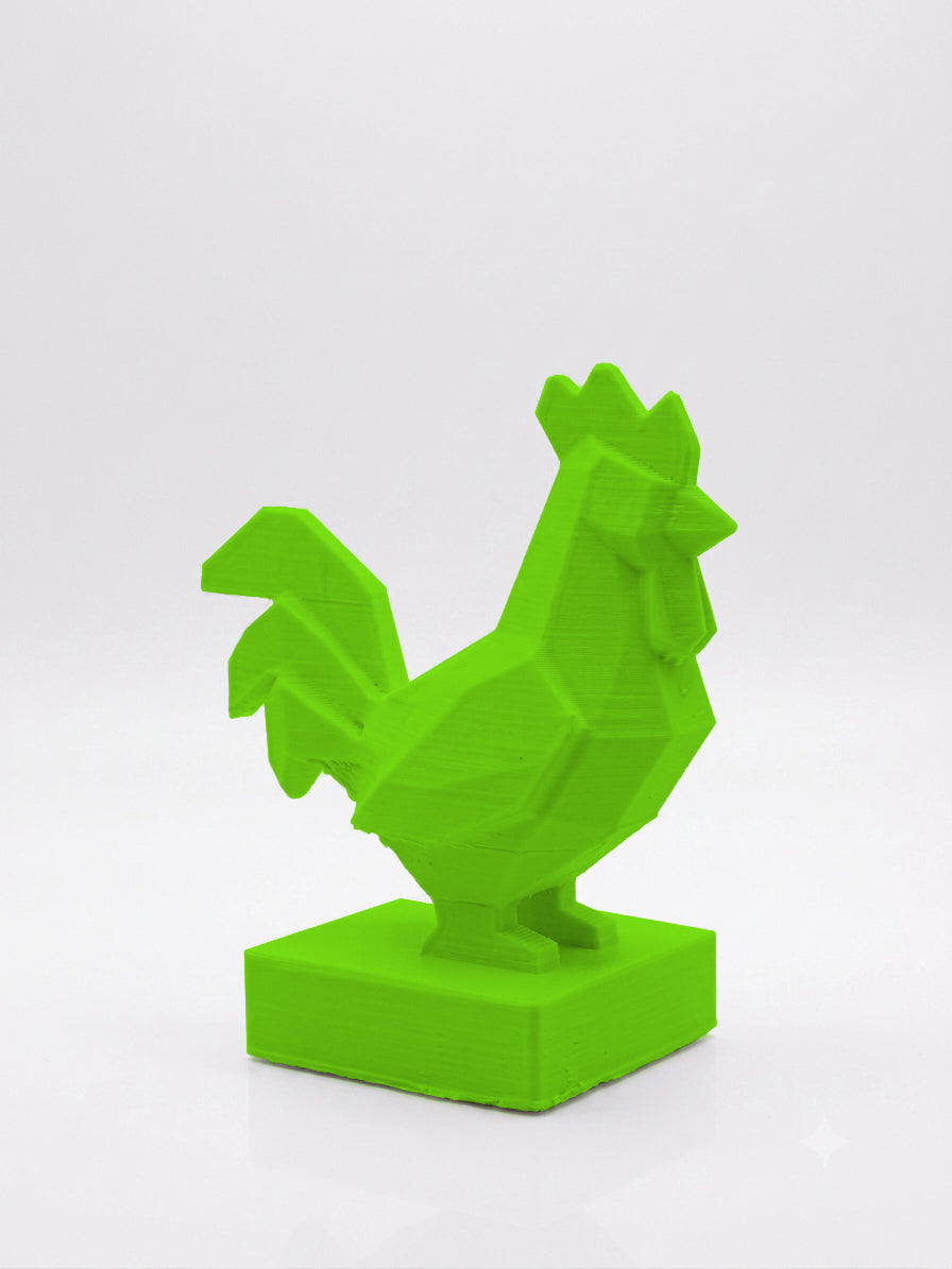 Statuina gallo verde in stampa 3D PLA, totem animale low-poly da collezione