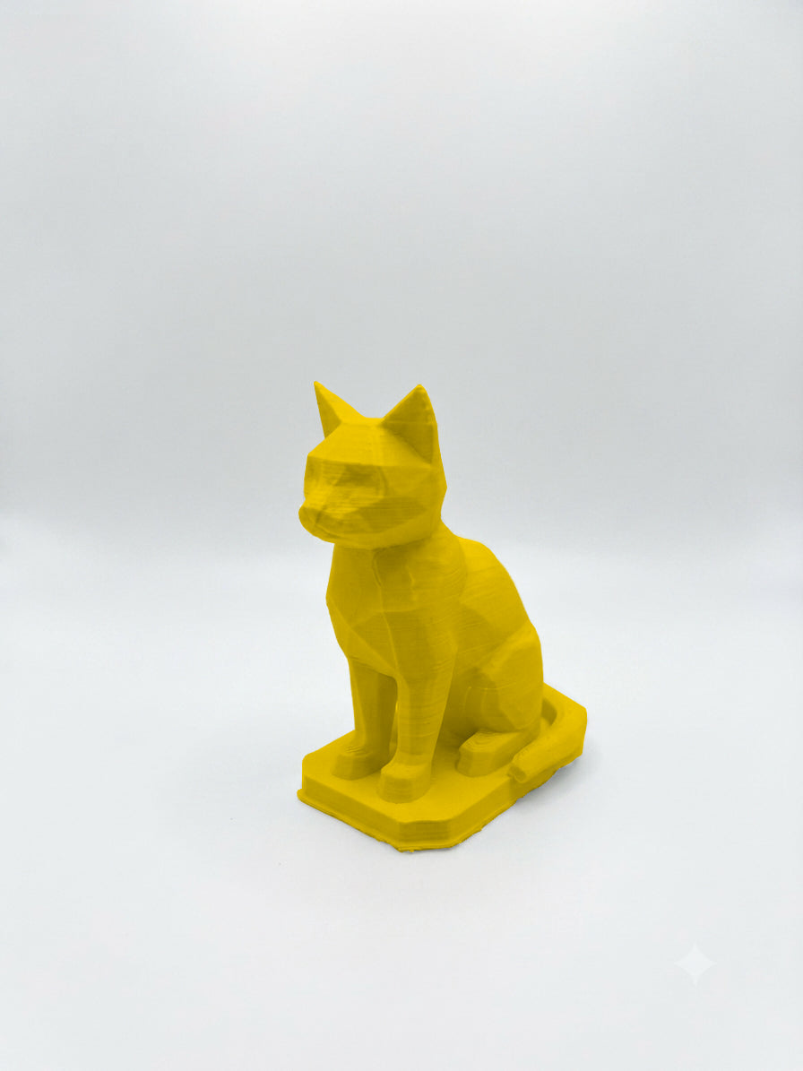 Statuina gatto giallo in stampa 3D PLA, totem animale low-poly da collezione