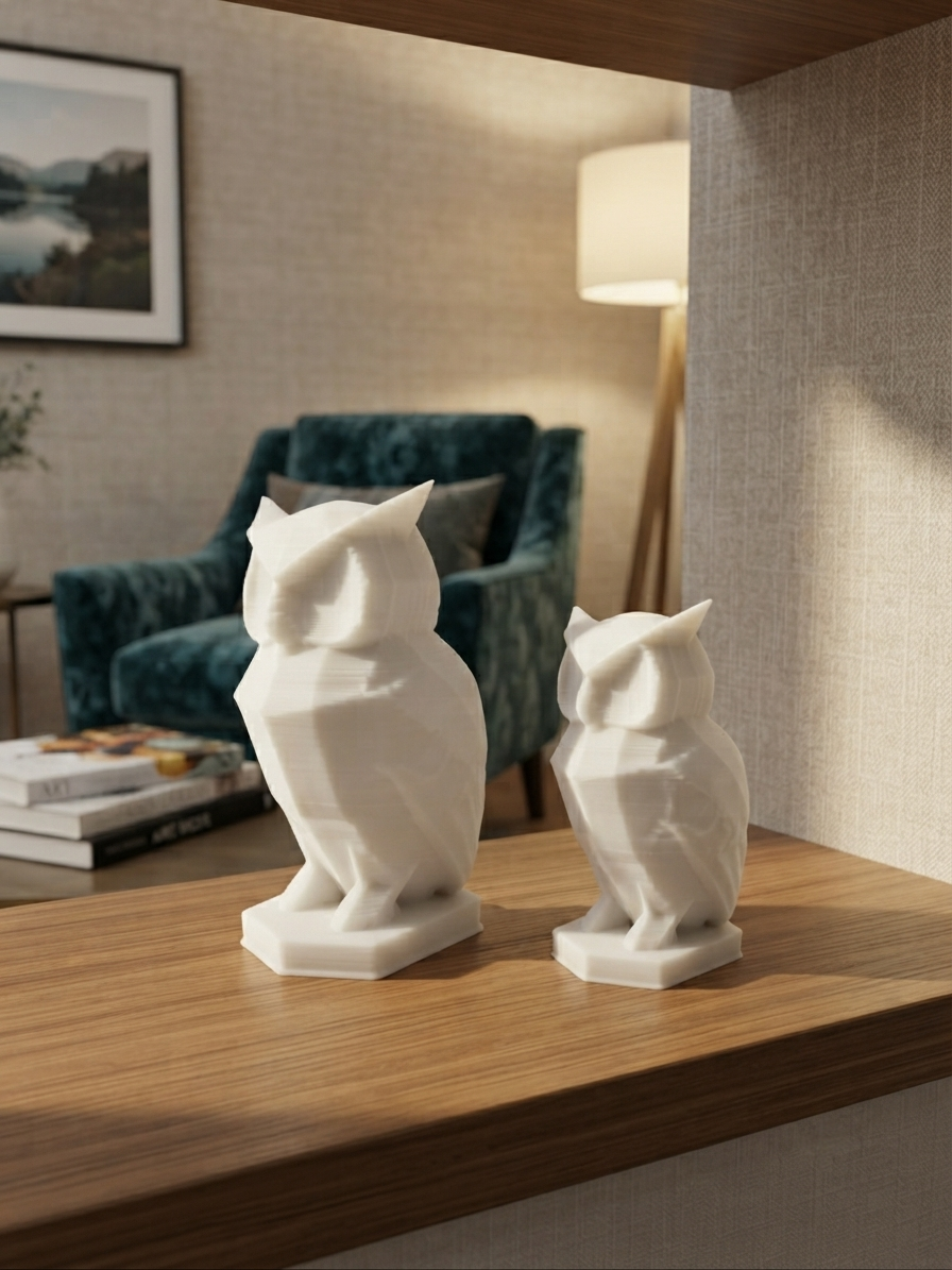 Statuina gufo in stampa 3D come soprammobile da scrivania, design low-poly