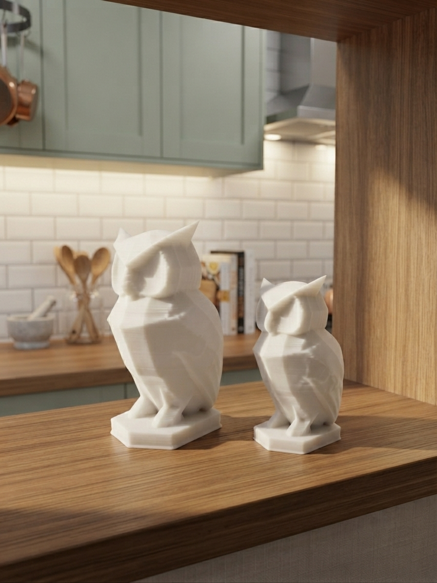Dettaglio della finitura low-poly della statuina gufo stampata in 3D in PLA