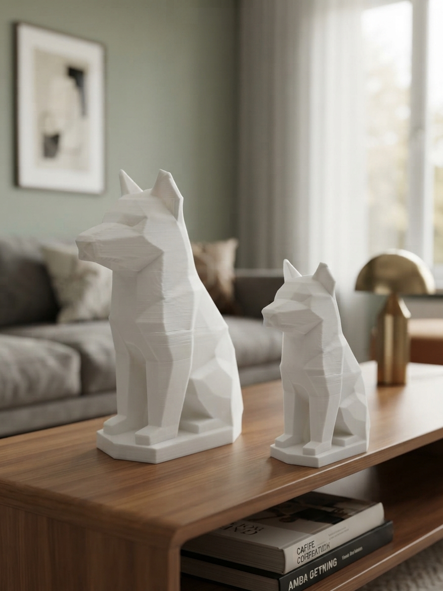 Statuina lupo in stampa 3D come soprammobile da scrivania, design low-poly