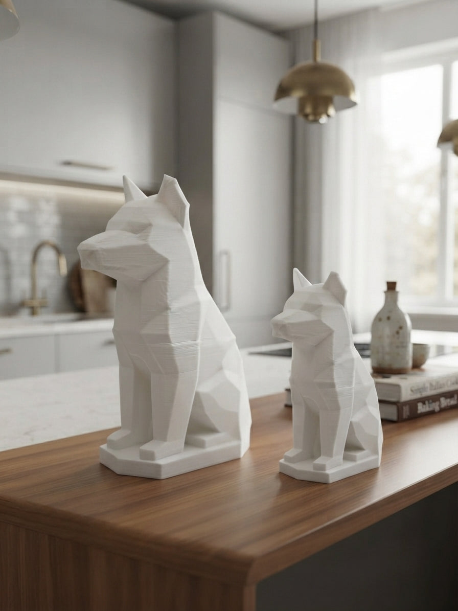 Dettaglio della finitura low-poly della statuina lupo stampata in 3D in PLA