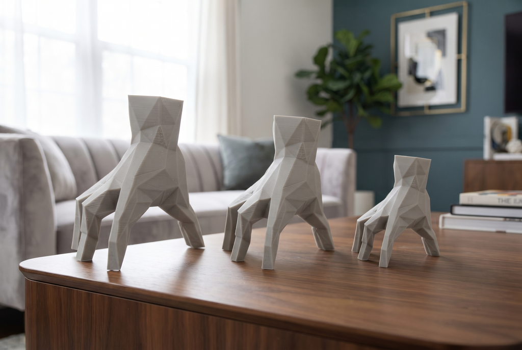 Statuina mano Addams bianca in stampa 3D su una scrivania, soprammobile di design low-poly