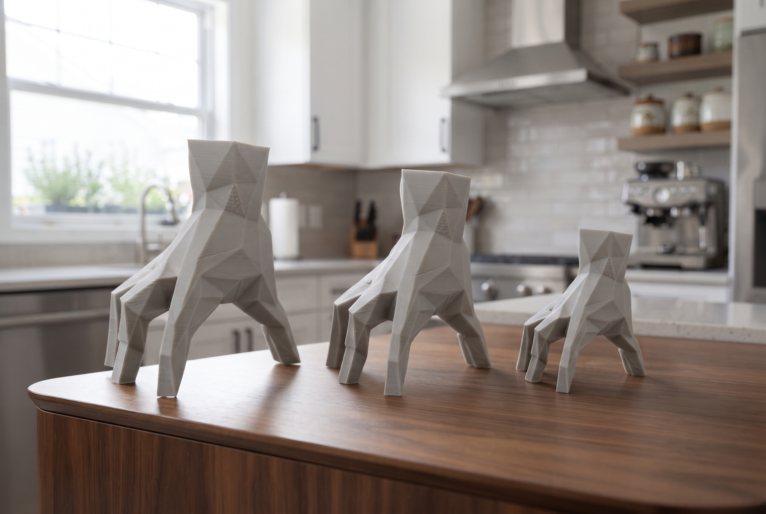 Mano Addams in stampa 3D PLA come idea regalo, dettaglio della finitura low-poly