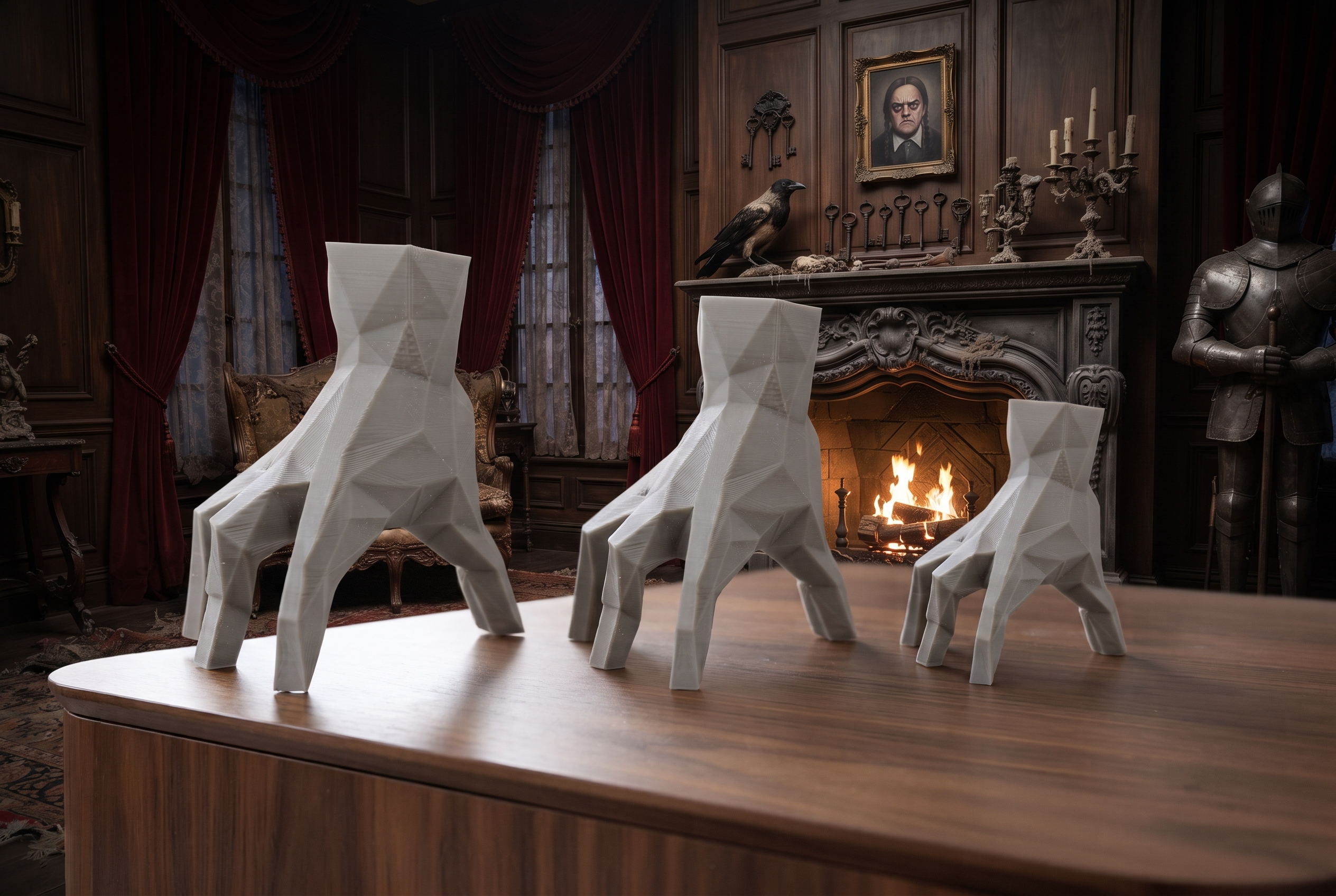Statuina mano Addams in ambientazione, gadget ironico da ufficio stampato in 3D