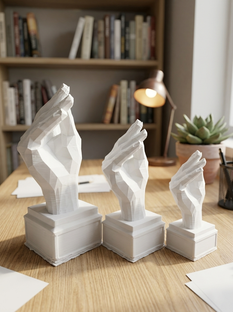 Statuina mano boh bianca in stampa 3D su una scrivania, soprammobile di design low-poly