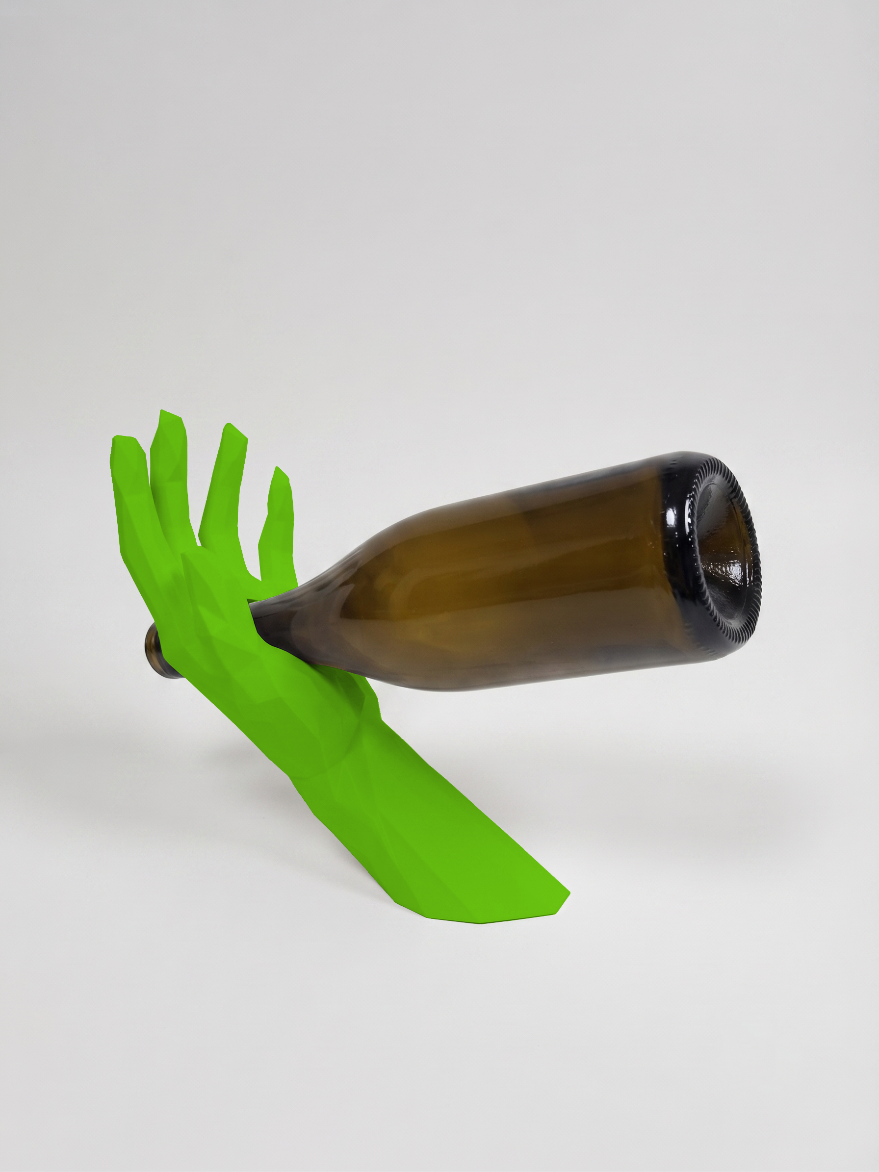 Mano Porta Bottiglia verde in stampa 3D PLA, cucina di design low-poly