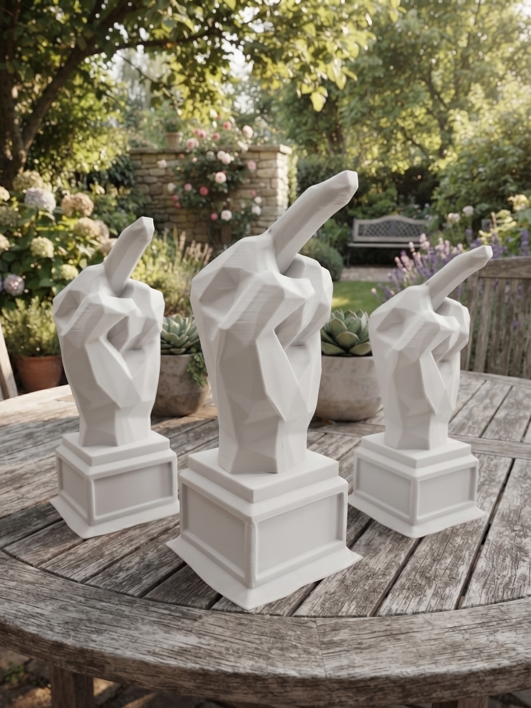 Mano dito medio in stampa 3D PLA come idea regalo, dettaglio della finitura low-poly