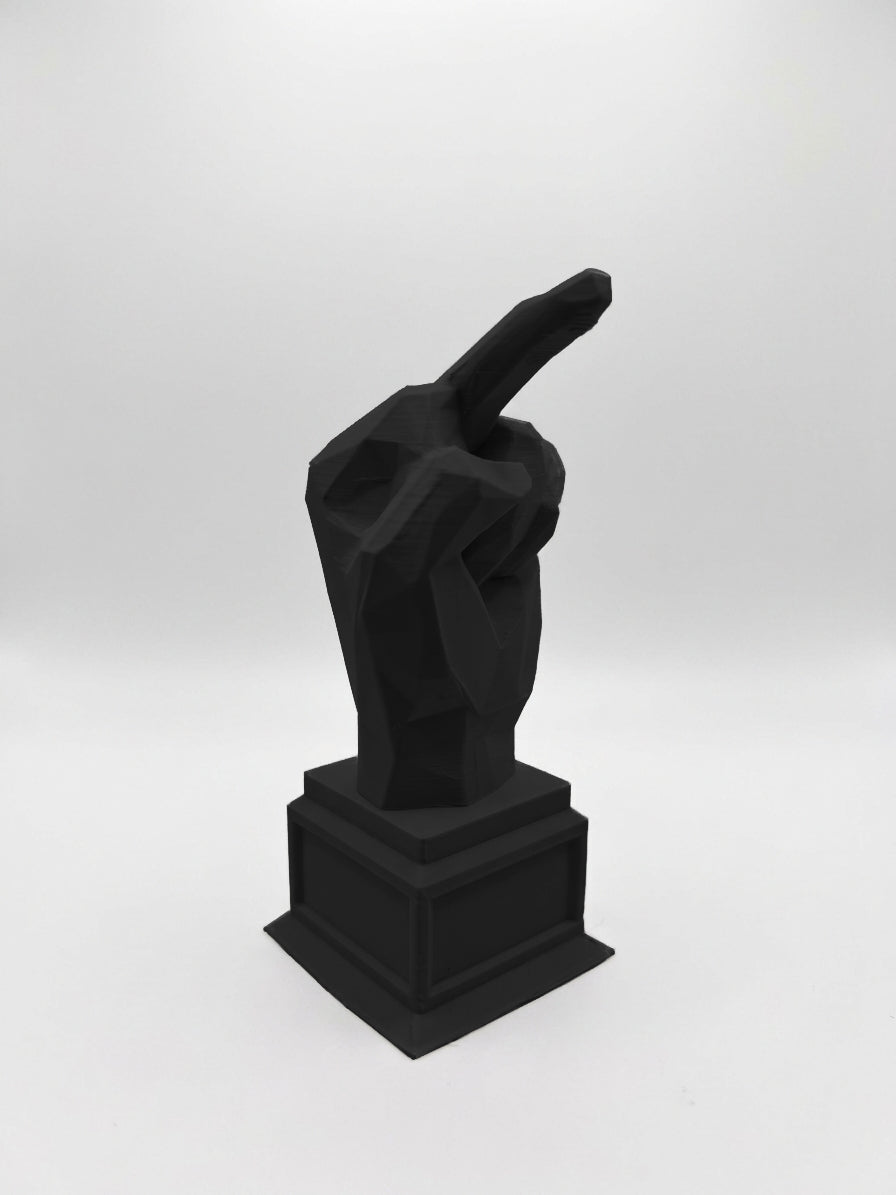 Statuina mano con dito medio nero in stampa 3D PLA, regalo ironico da scrivania low-poly
