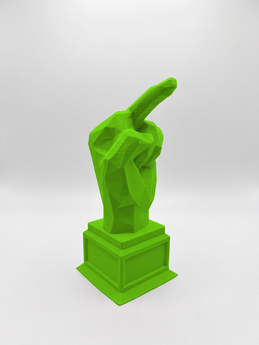 Statuina mano con dito medio verde in stampa 3D PLA, regalo ironico da scrivania low-poly