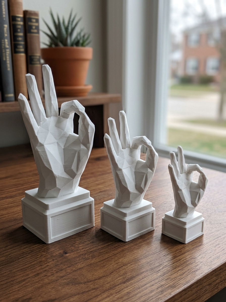 Statuina mano OK bianca in stampa 3D su una scrivania, soprammobile di design low-poly