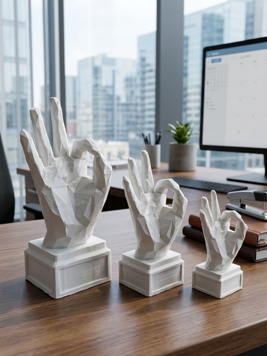 Mano OK in stampa 3D PLA come idea regalo, dettaglio della finitura low-poly