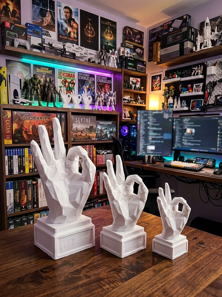 Statuina mano OK in ambientazione, gadget ironico da ufficio stampato in 3D