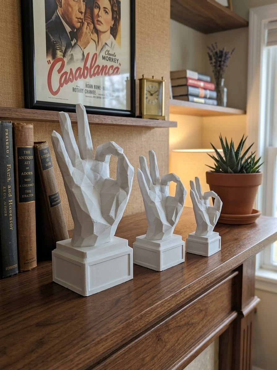 Statuina mano OK bianca in stampa 3D su una scrivania, soprammobile di design low-poly
