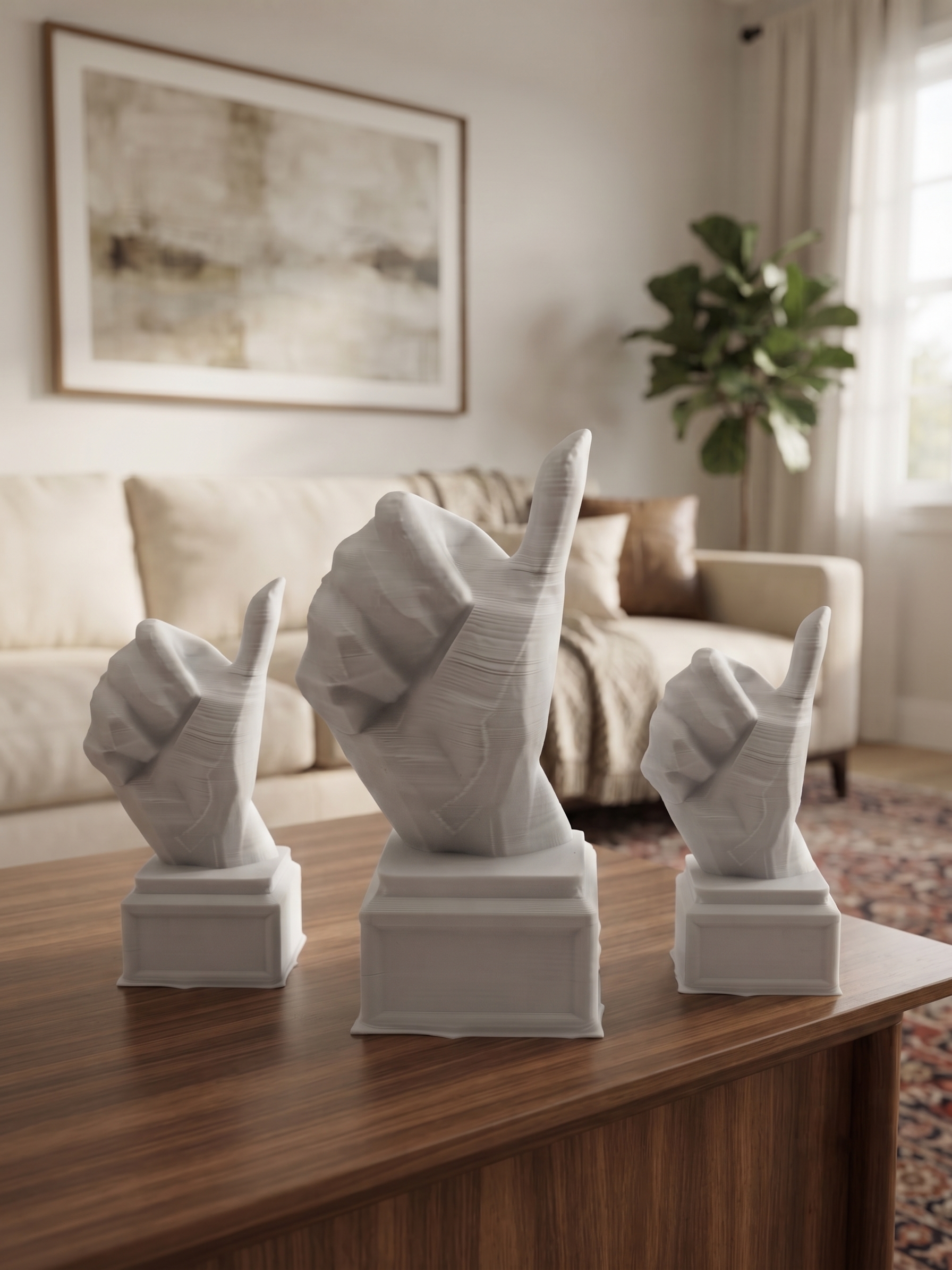 Statuina mano pollice in su bianca in stampa 3D su una scrivania, soprammobile di design low-poly