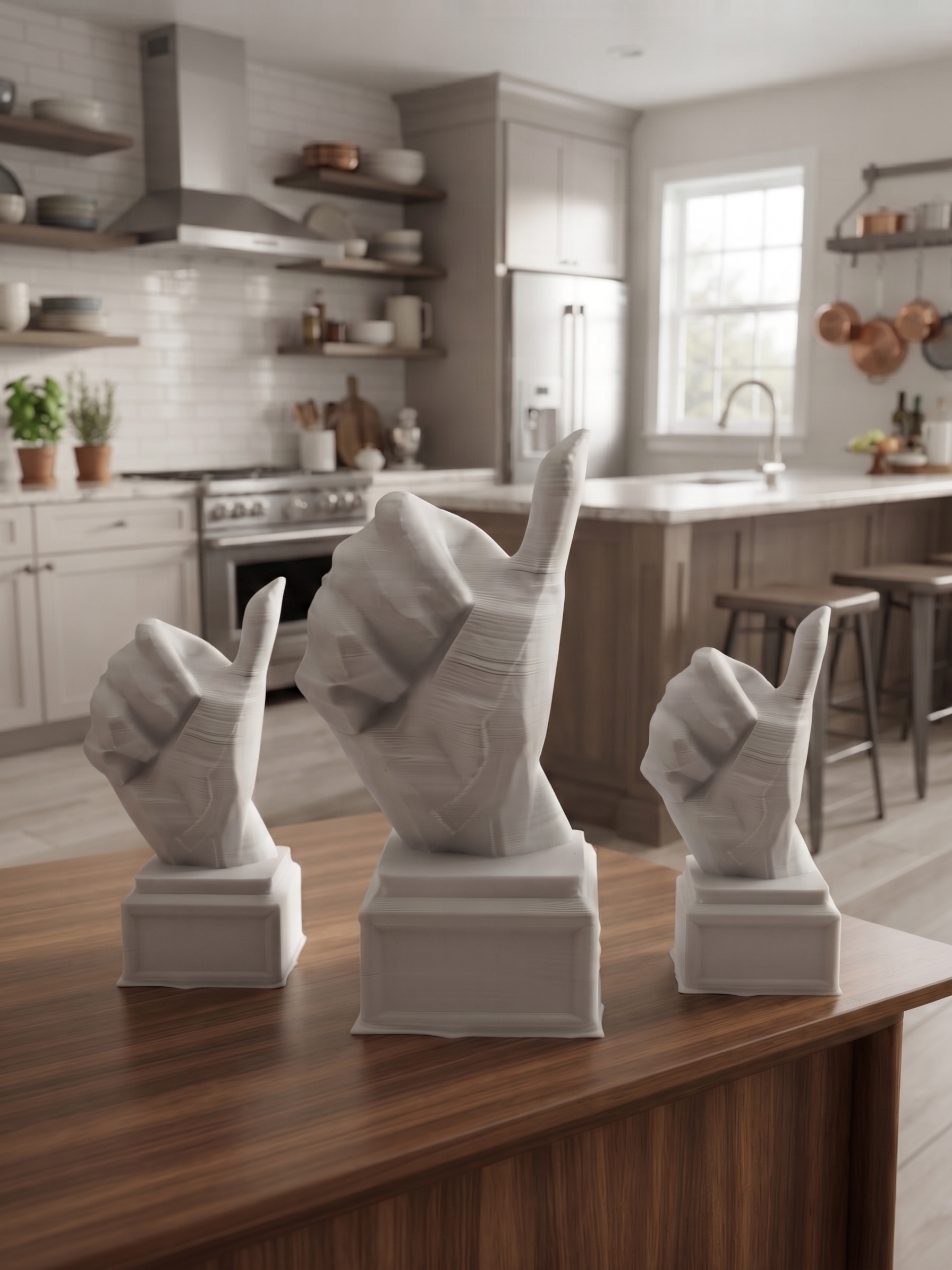 Mano pollice in su in stampa 3D PLA come idea regalo, dettaglio della finitura low-poly