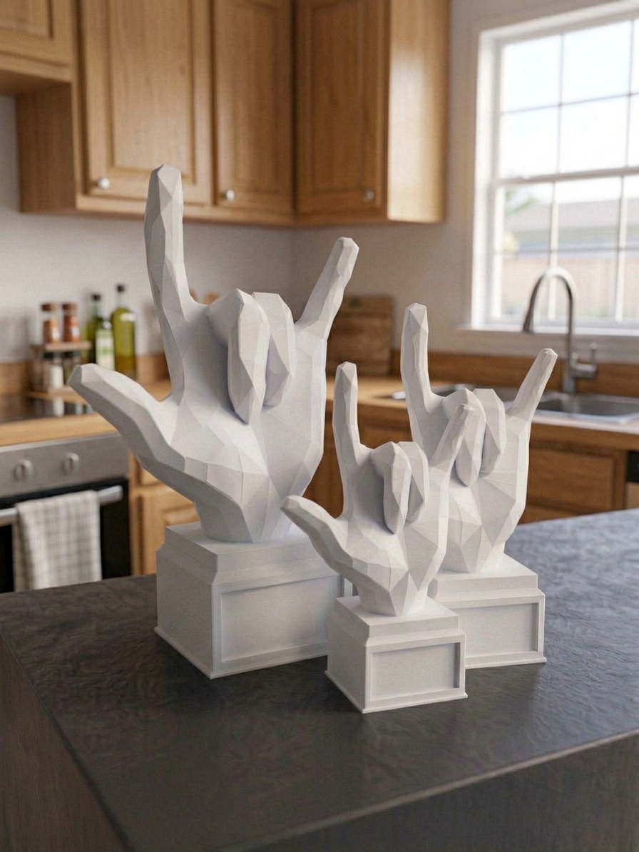 Statuina mano rock bianca in stampa 3D su una scrivania, soprammobile di design low-poly