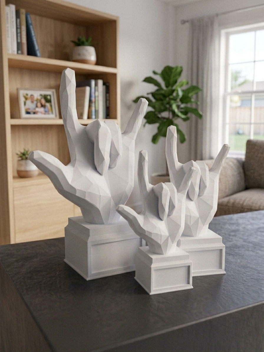 Statuina mano rock in ambientazione, gadget ironico da ufficio stampato in 3D