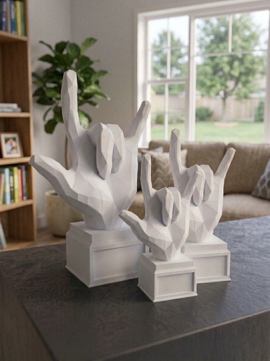 Statuina mano rock bianca in stampa 3D su una scrivania, soprammobile di design low-poly