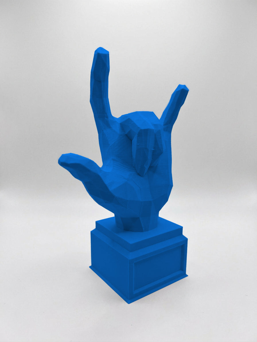 Statuina mano rock con le corna blu in stampa 3D PLA, regalo per musicisti low-poly