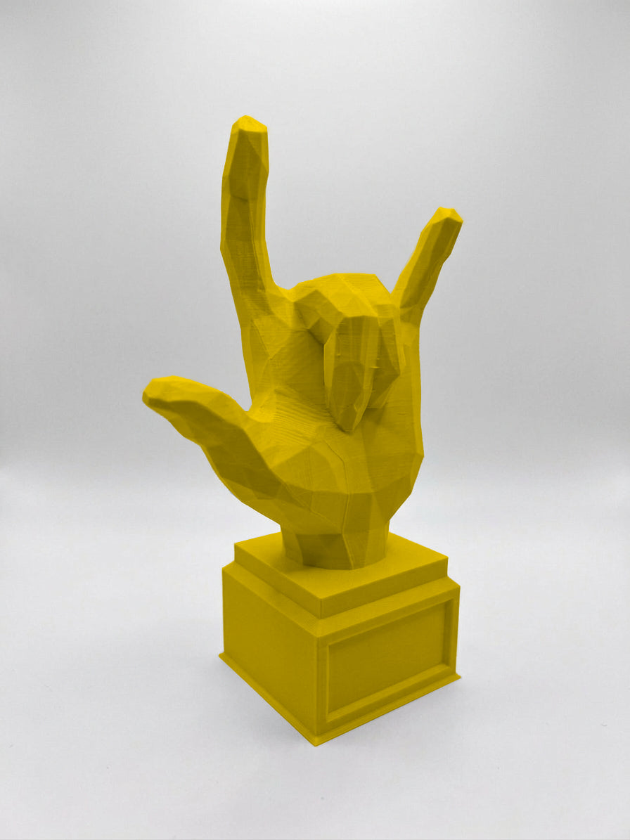 Statuina mano rock con le corna giallo in stampa 3D PLA, regalo per musicisti low-poly