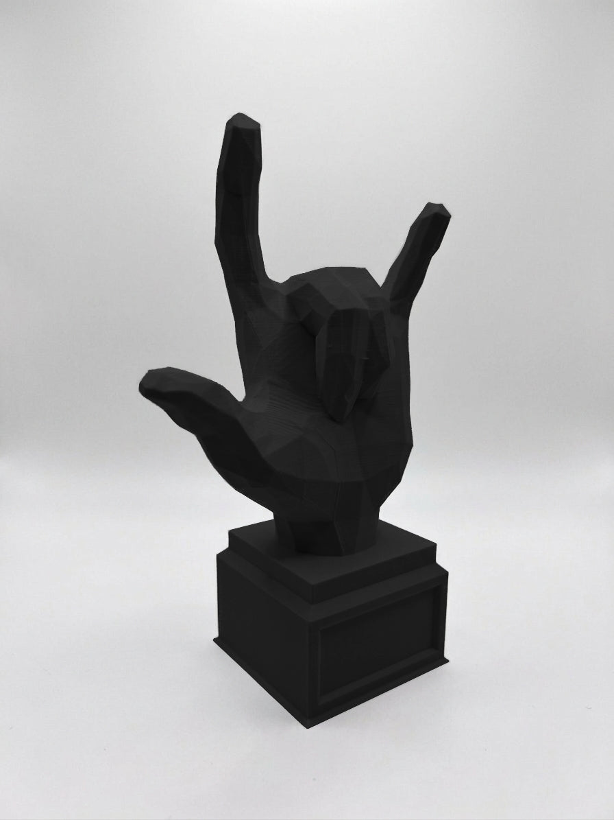 Statuina mano rock con le corna nero in stampa 3D PLA, regalo per musicisti low-poly