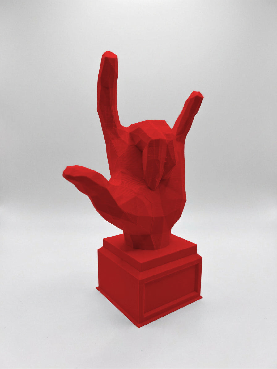 Statuina mano rock con le corna rosso in stampa 3D PLA, regalo per musicisti low-poly