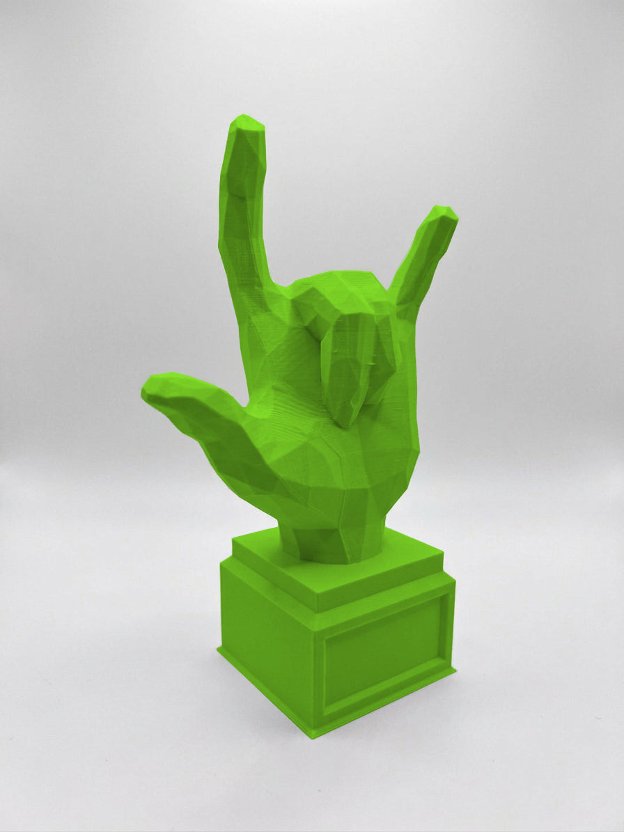 Statuina mano rock con le corna verde in stampa 3D PLA, regalo per musicisti low-poly