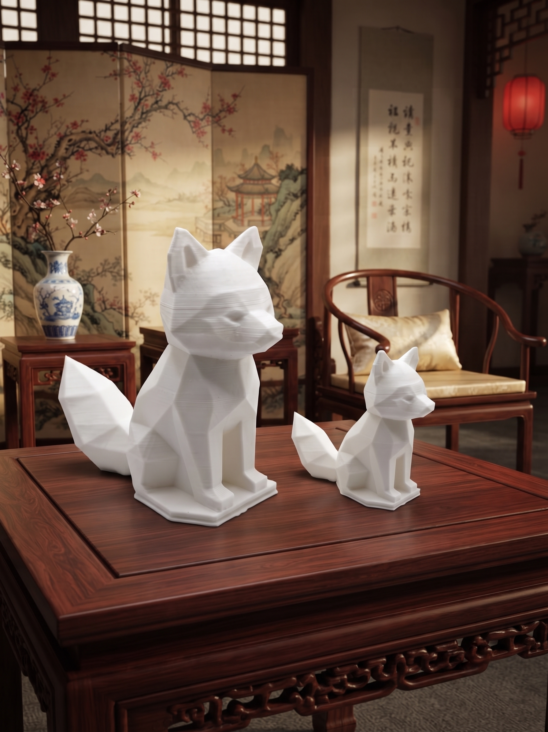 Statuina panda rosso in stampa 3D come soprammobile da scrivania, design low-poly