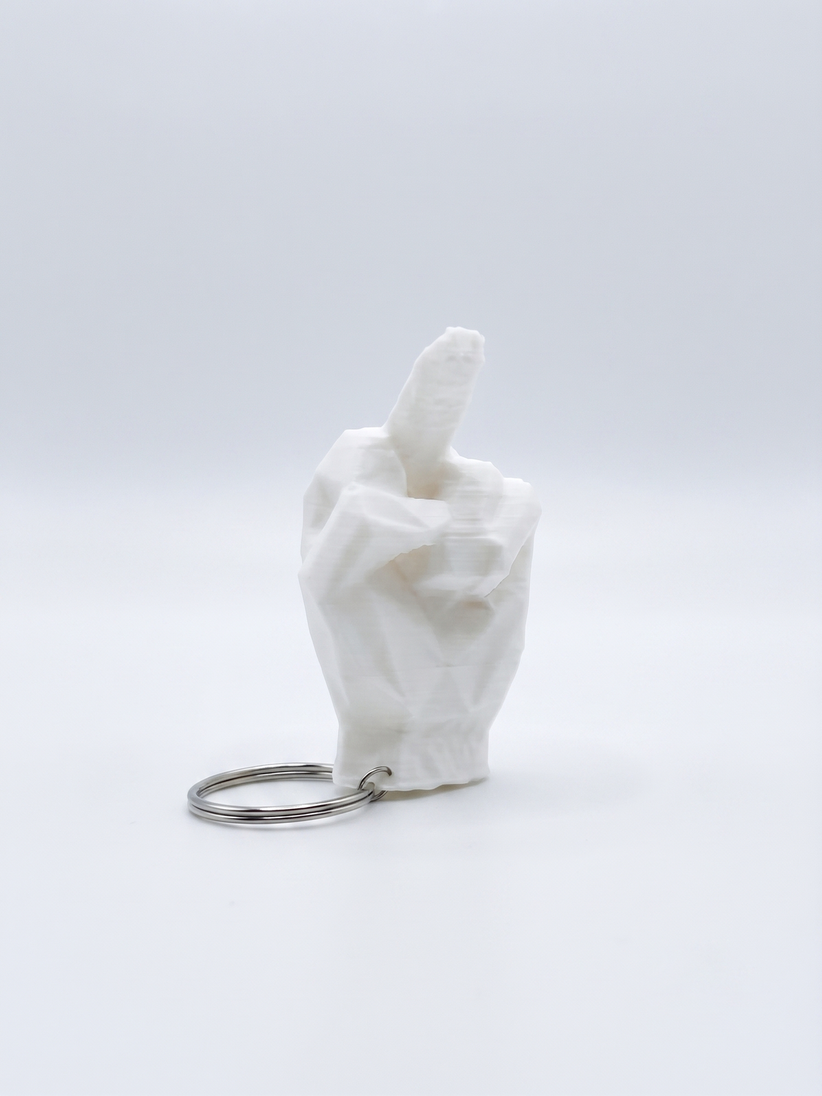 Portachiavi Dito Medio bianco in stampa 3D PLA, portachiavi di design low-poly