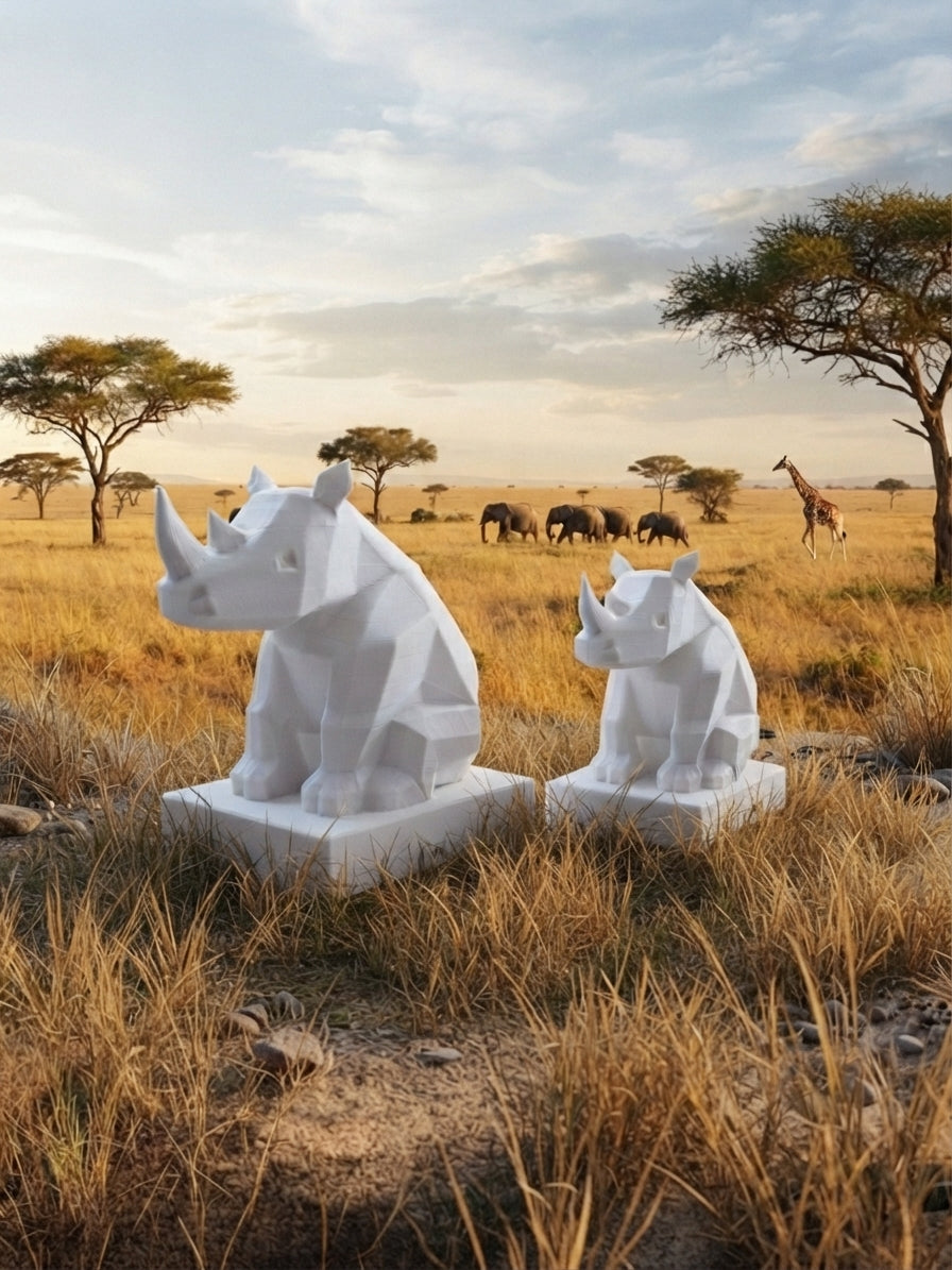Statuina rinoceronte in stampa 3D come soprammobile da scrivania, design low-poly