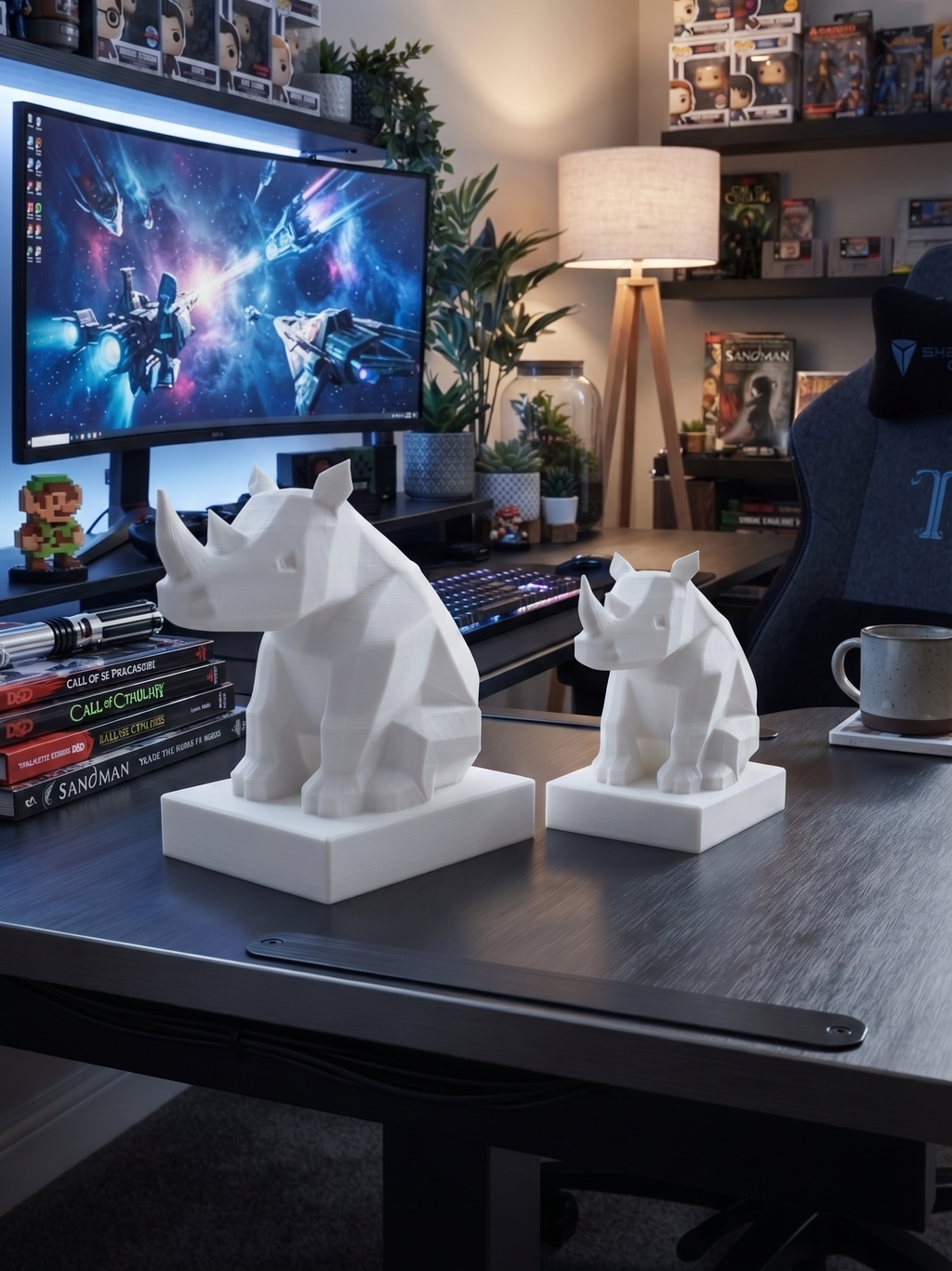 Dettaglio della finitura low-poly della statuina rinoceronte stampata in 3D in PLA