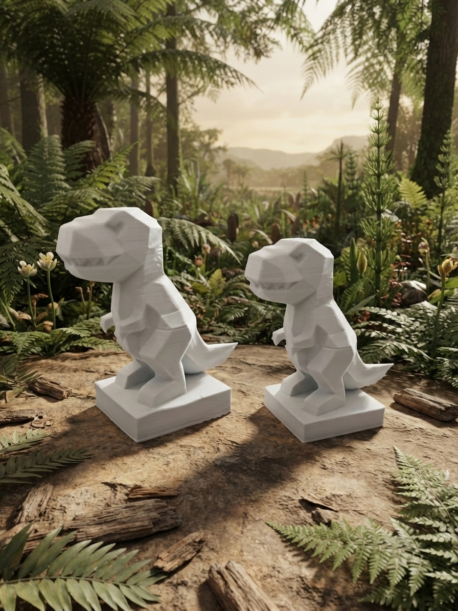 Dettaglio della finitura low-poly della statuina t-rex stampata in 3D in PLA