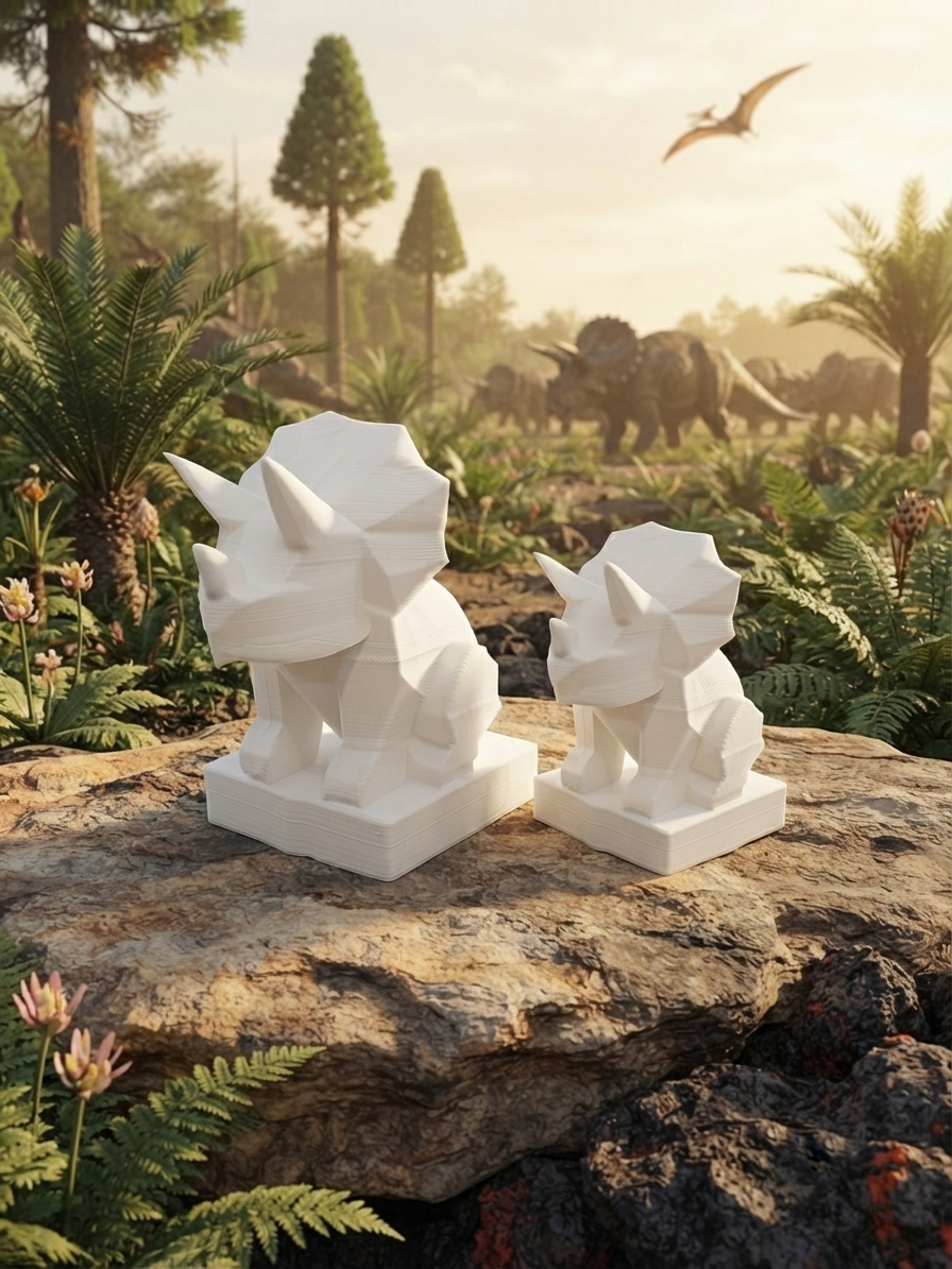 Statuina triceratopo in stampa 3D come soprammobile da scrivania, design low-poly