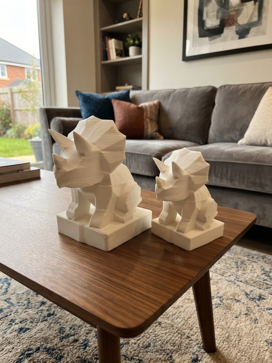Dettaglio della finitura low-poly della statuina triceratopo stampata in 3D in PLA