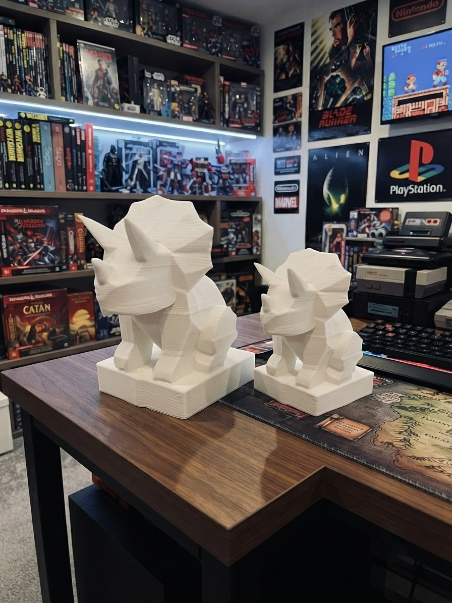 Statuina triceratopo low-poly, totem animale stampato in 3D made in Italy